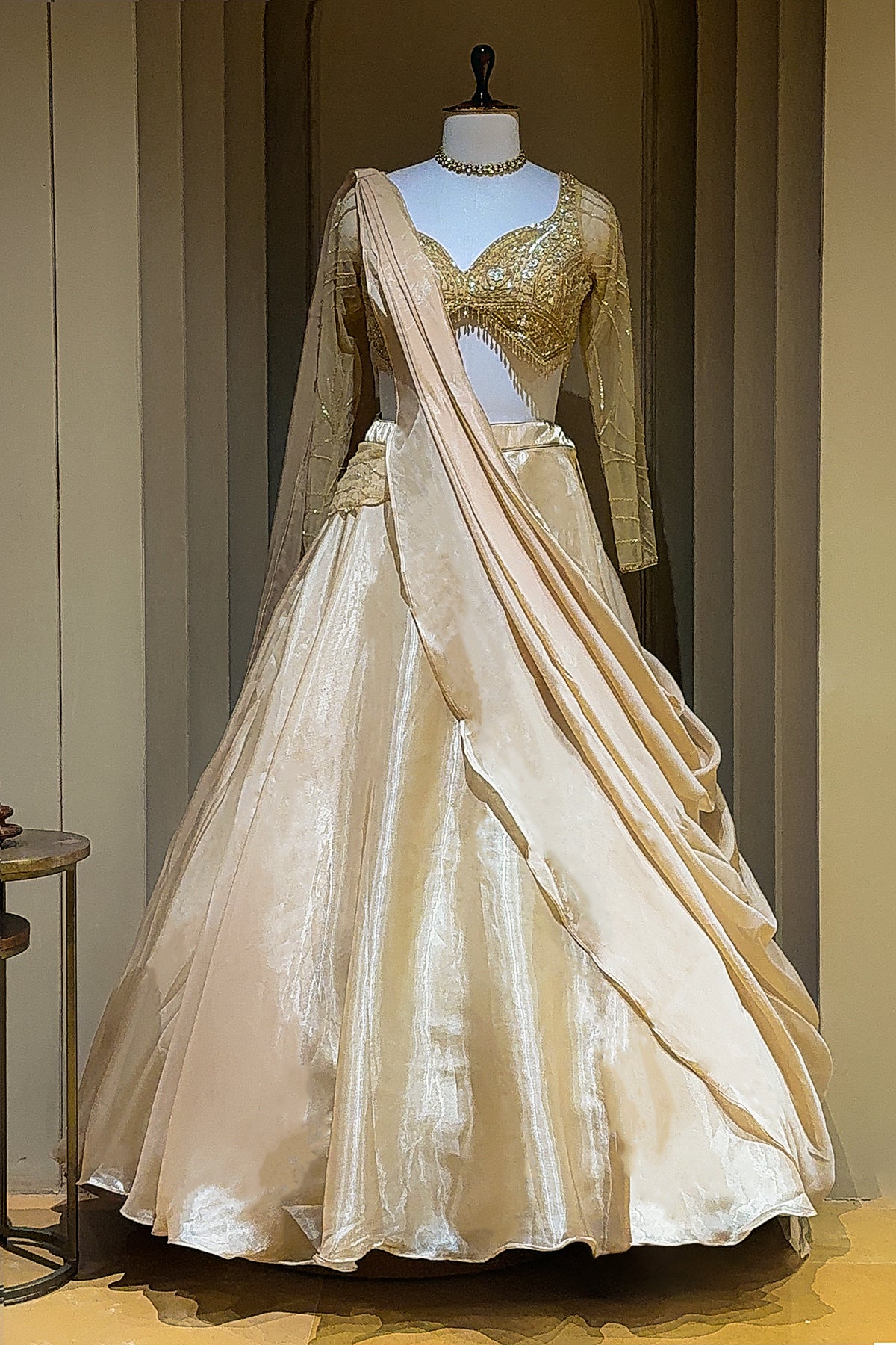 Beige Glass Tissue Handworked Crop Top Lehenga with Attached Dupatta - beige saree