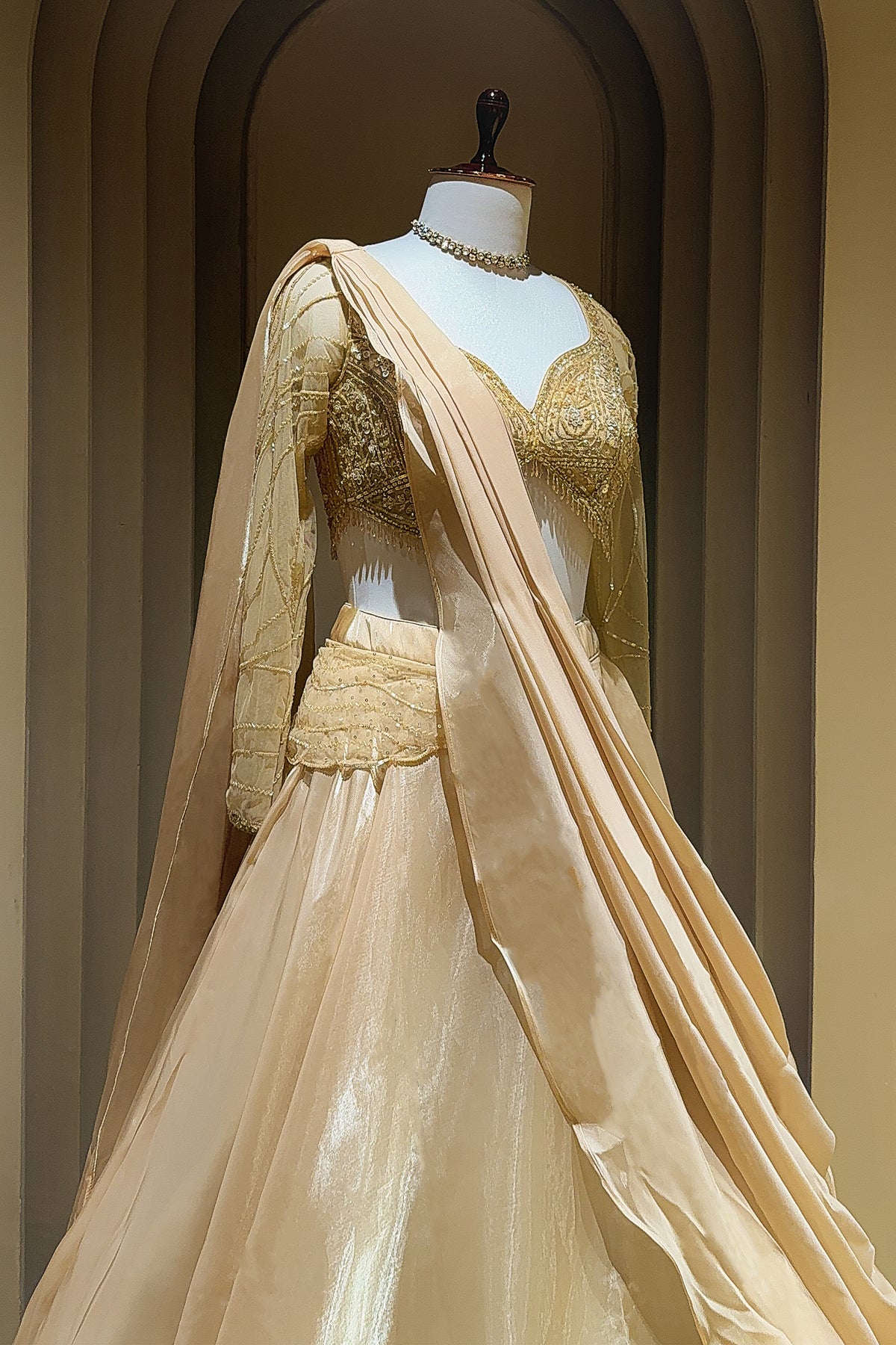 Beige Glass Tissue Handworked Crop Top Lehenga with Attached Dupatta - beige saree