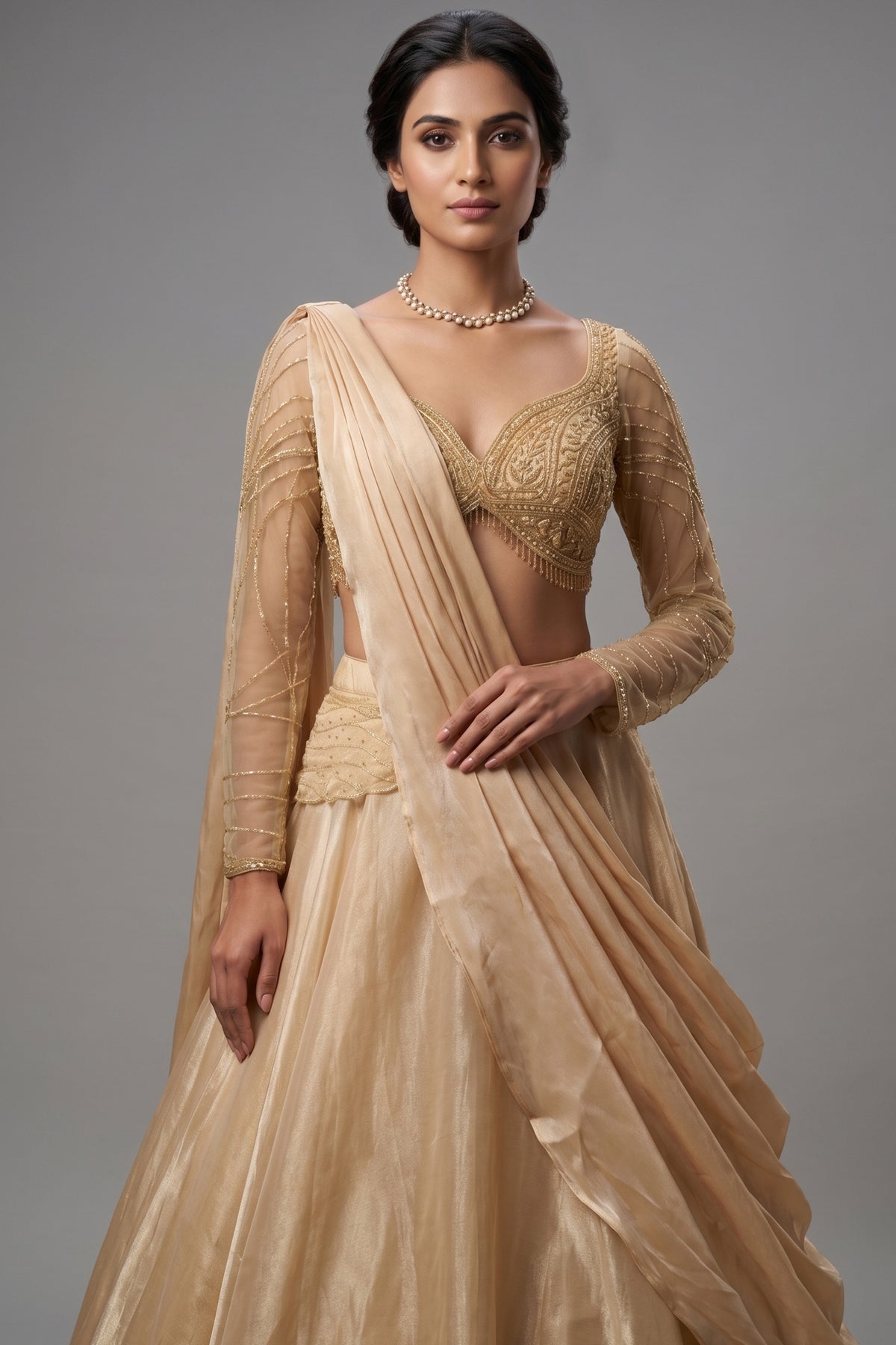 Beige Glass Tissue Handworked Crop Top Lehenga with Attached Dupatta - beige saree