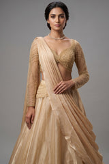Beige Glass Tissue Handworked Crop Top Lehenga with Attached Dupatta - beige saree
