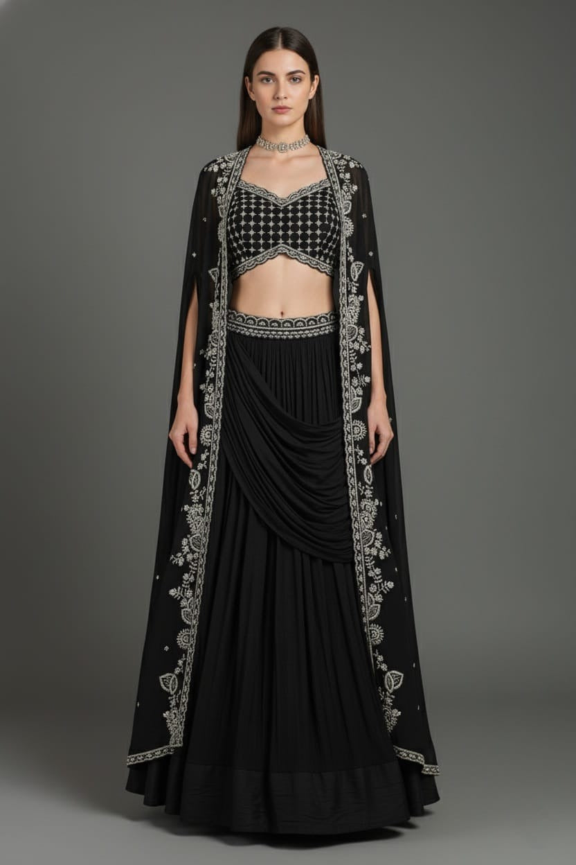 Black Chinon Chiffon Beaded Crop Top Lehenga with Attached Dupatta and Long Jacket - black chiffon saree