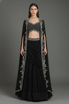 Black Chinon Chiffon Beaded Crop Top Lehenga with Attached Dupatta and Long Jacket - black chiffon saree
