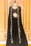 Black Chinon Chiffon Beaded Crop Top Lehenga with Attached Dupatta and Long Jacket - black chiffon saree