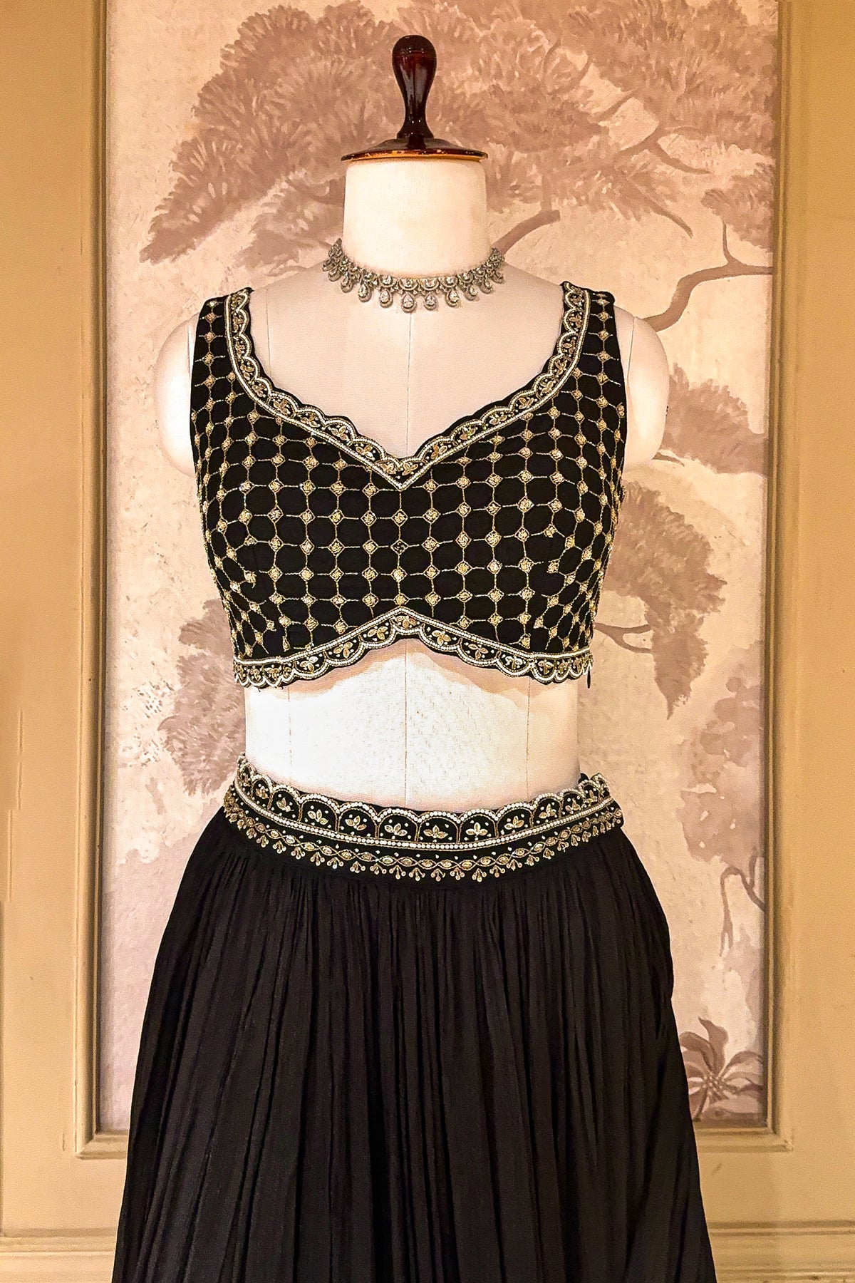 Black Chinon Chiffon Beaded Crop Top Lehenga with Attached Dupatta and Long Jacket - black chiffon saree