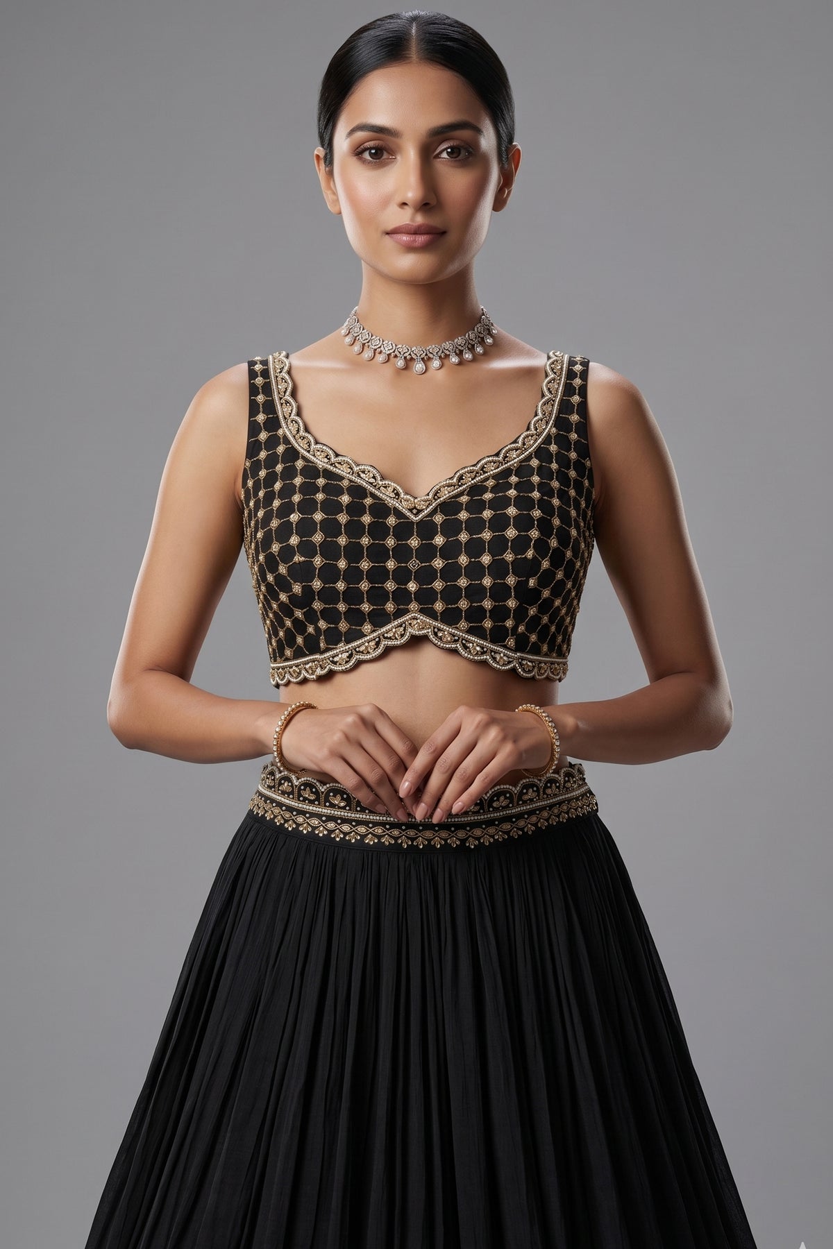 Black Chinon Chiffon Beaded Crop Top Lehenga with Attached Dupatta and Long Jacket - black chiffon saree