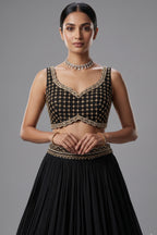 Black Chinon Chiffon Beaded Crop Top Lehenga with Attached Dupatta and Long Jacket - black chiffon saree
