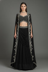Black Chinon Chiffon Beaded Crop Top Lehenga with Attached Dupatta and Long Jacket