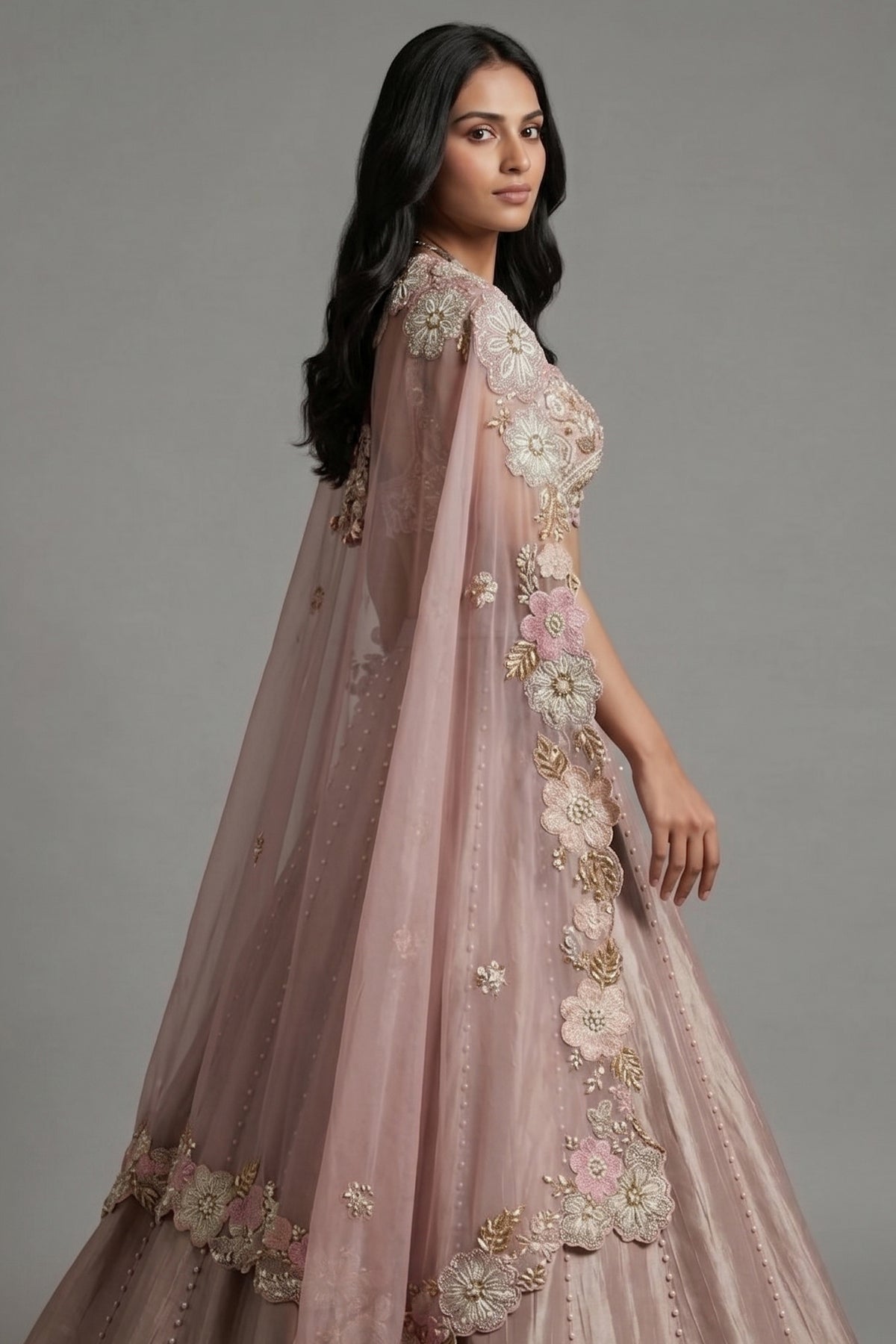 Mauve Silk Designer Sequin Beaded Crop Top Lehenga with Cape Jacket - silk saree