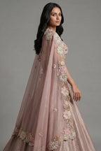 Mauve Silk Designer Sequin Beaded Crop Top Lehenga with Cape Jacket - silk saree