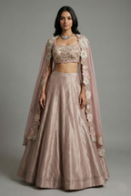 Mauve Silk Designer Sequin Beaded Crop Top Lehenga with Cape Jacket - silk saree