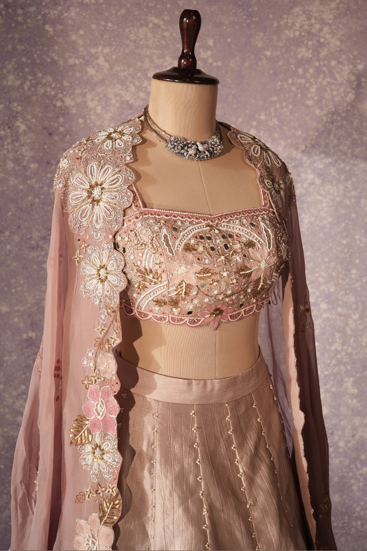 Mauve Silk Designer Sequin Beaded Crop Top Lehenga with Cape Jacket - silk saree