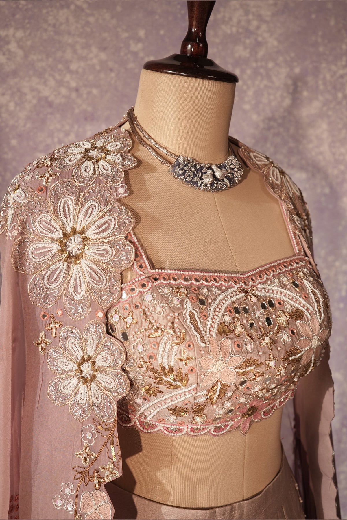 Mauve Silk Designer Sequin Beaded Crop Top Lehenga with Cape Jacket - silk saree