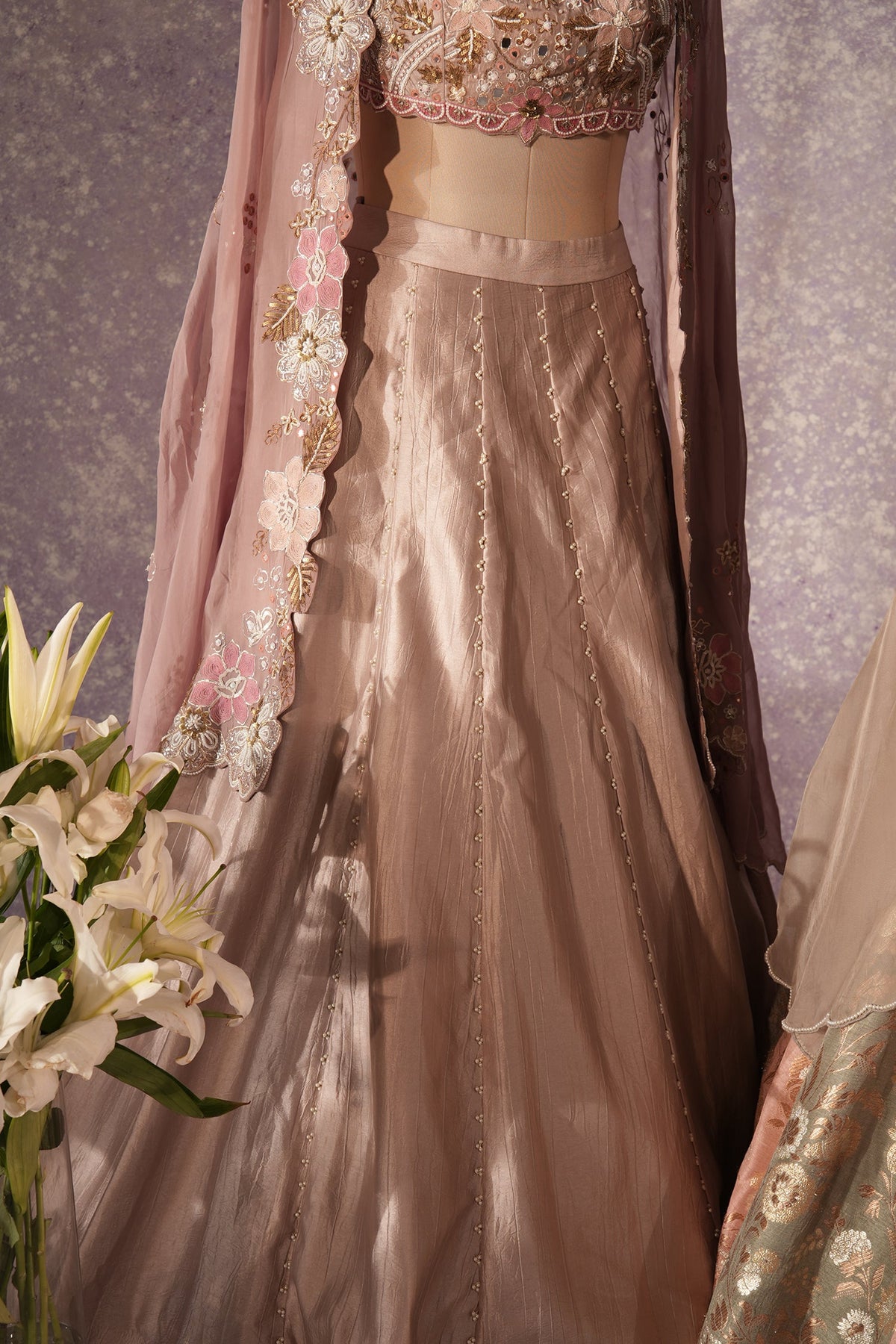 Mauve Silk Designer Sequin Beaded Crop Top Lehenga with Cape Jacket - silk saree