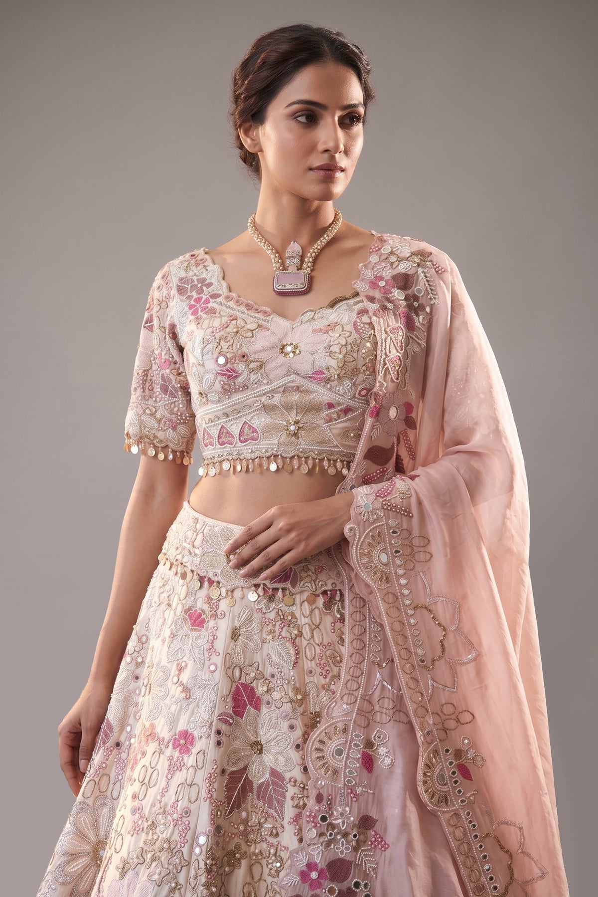 Cream Designer Floral Work Lehenga with Beaded and Mirror Work - cream saree
