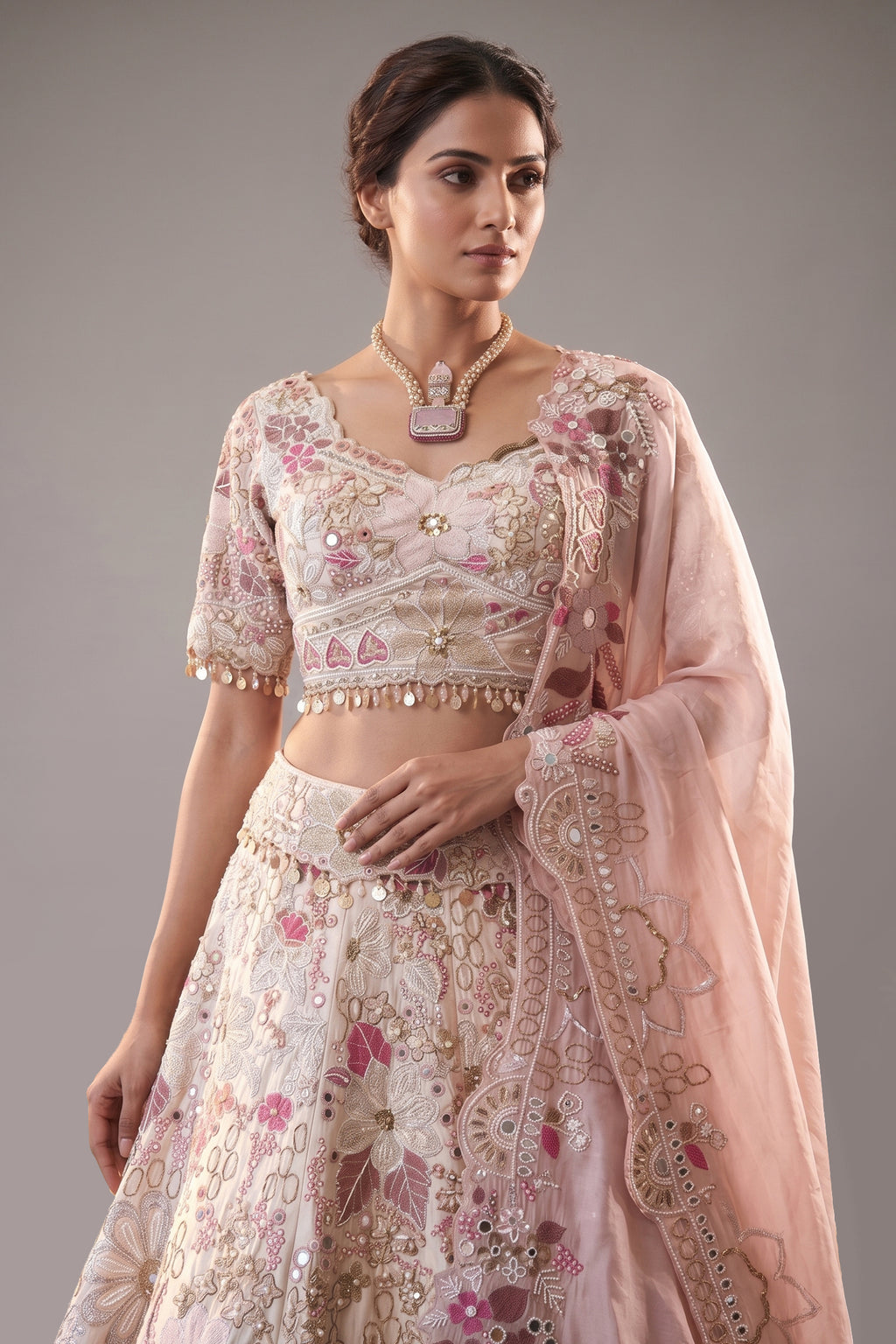 Cream Designer Floral Work Lehenga with Beaded and Mirror Work - cream saree