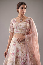 Cream Designer Floral Work Lehenga with Beaded and Mirror Work - cream saree