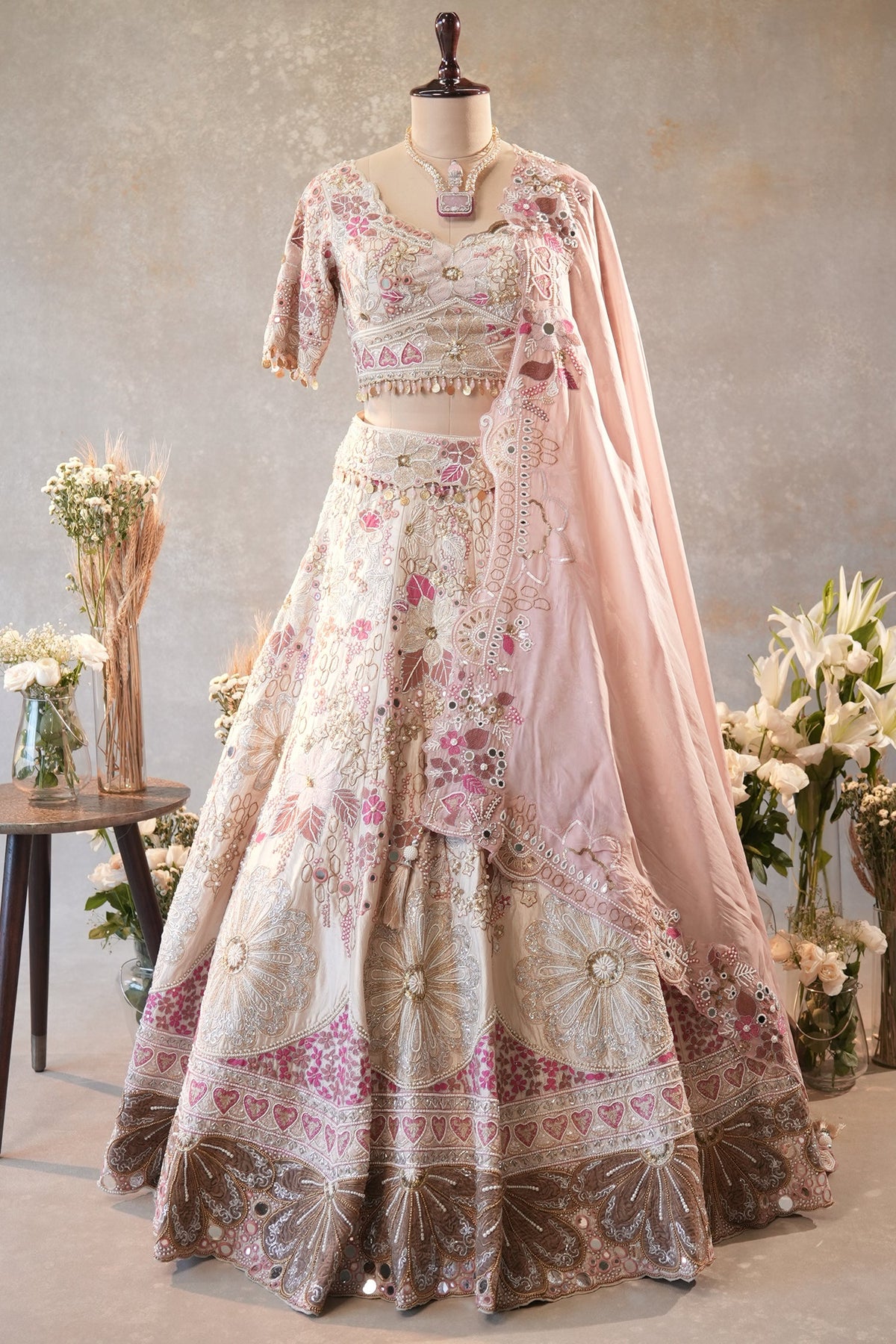 Cream Designer Floral Work Lehenga with Beaded and Mirror Work - cream saree