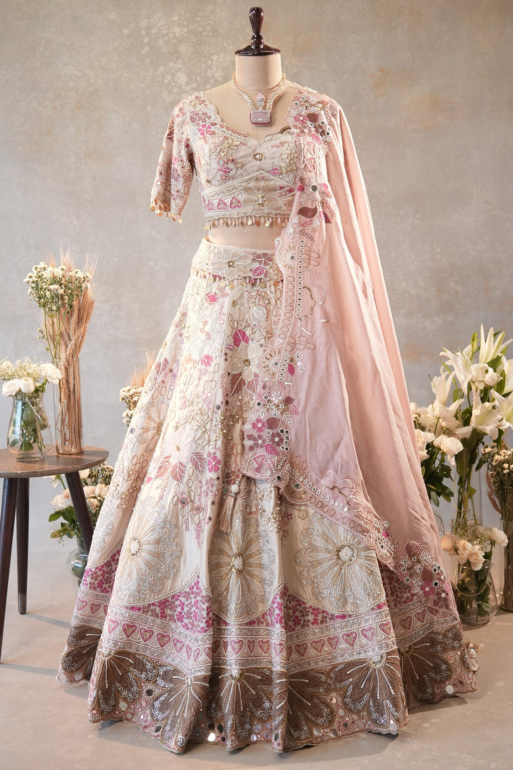 Cream Designer Floral Work Lehenga with Beaded and Mirror Work - cream saree