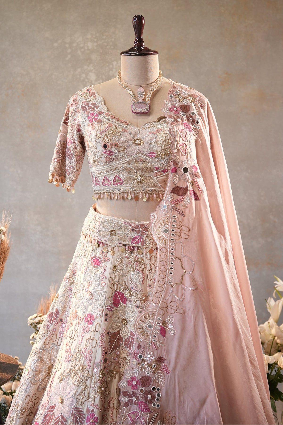 Cream Designer Floral Work Lehenga with Beaded and Mirror Work - cream saree