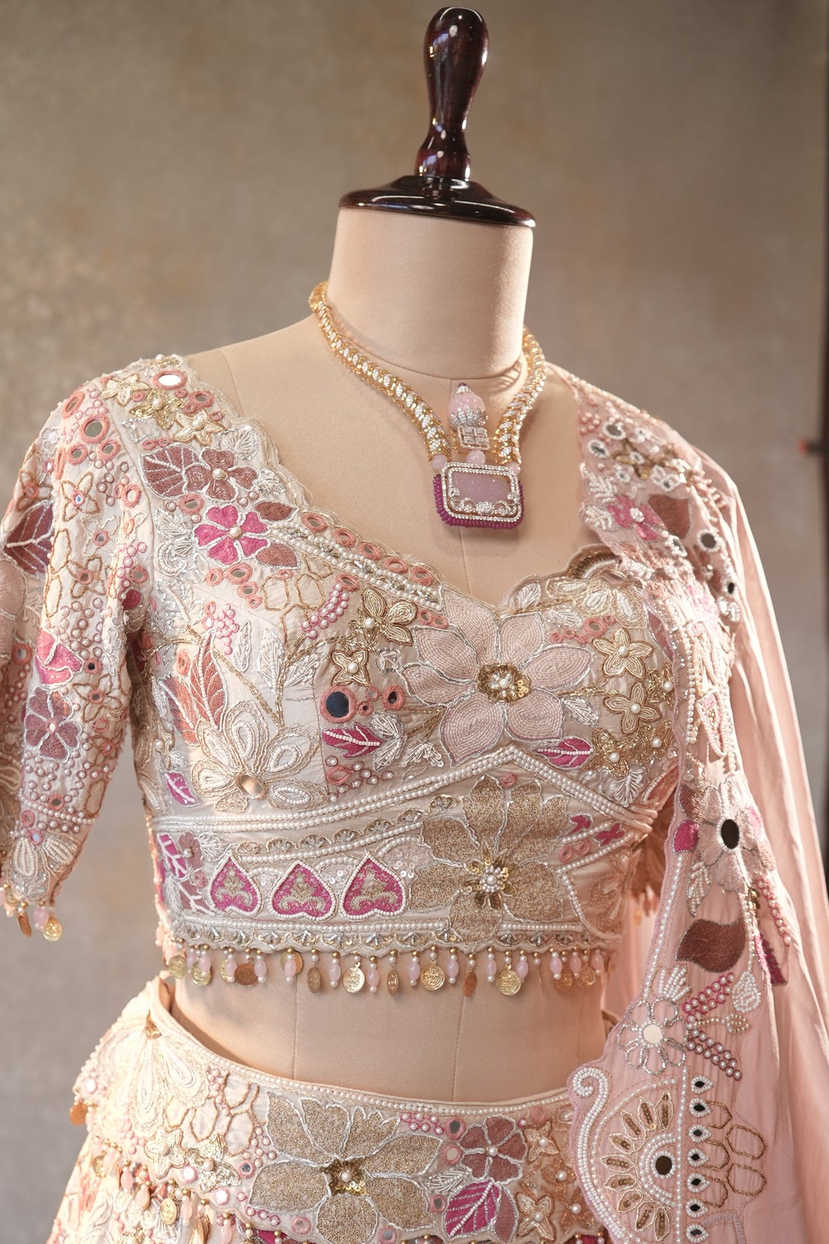 Cream Designer Floral Work Lehenga with Beaded and Mirror Work - cream saree