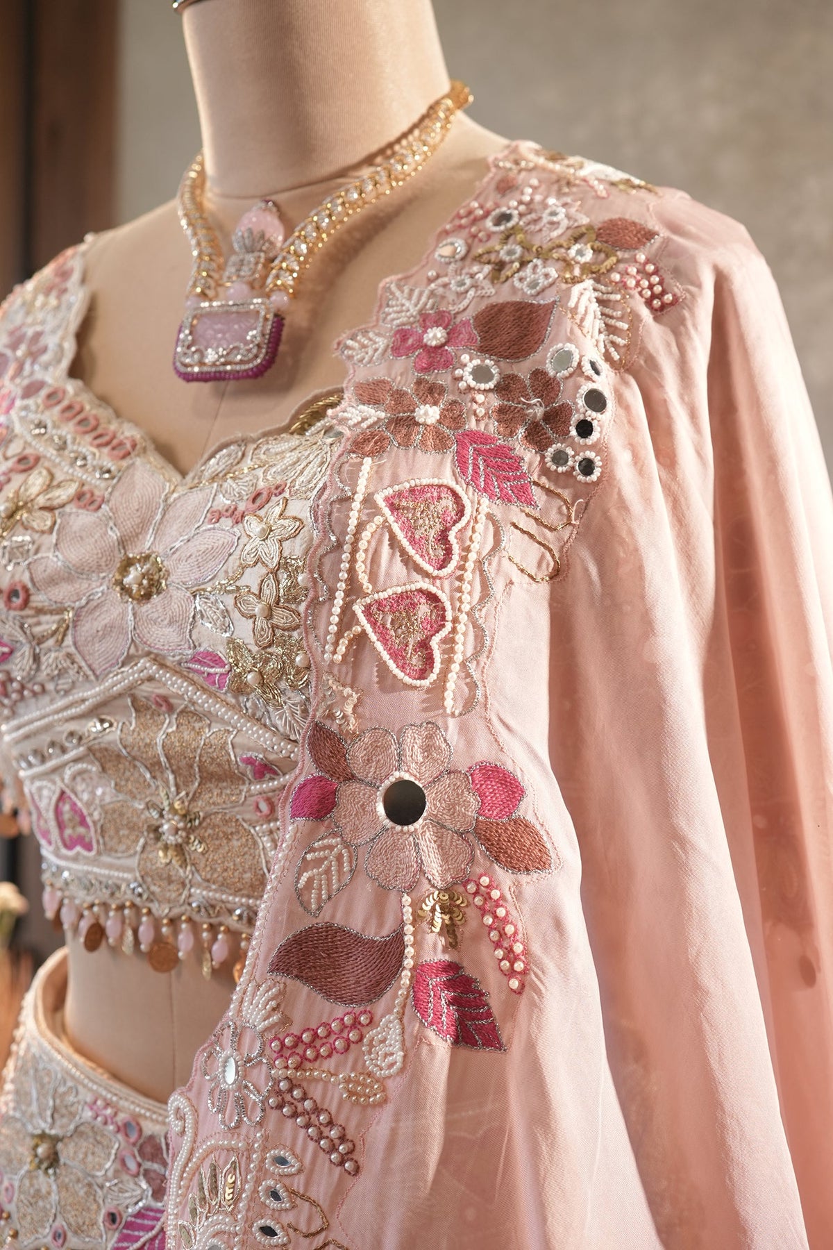 Cream Designer Floral Work Lehenga with Beaded and Mirror Work - cream saree