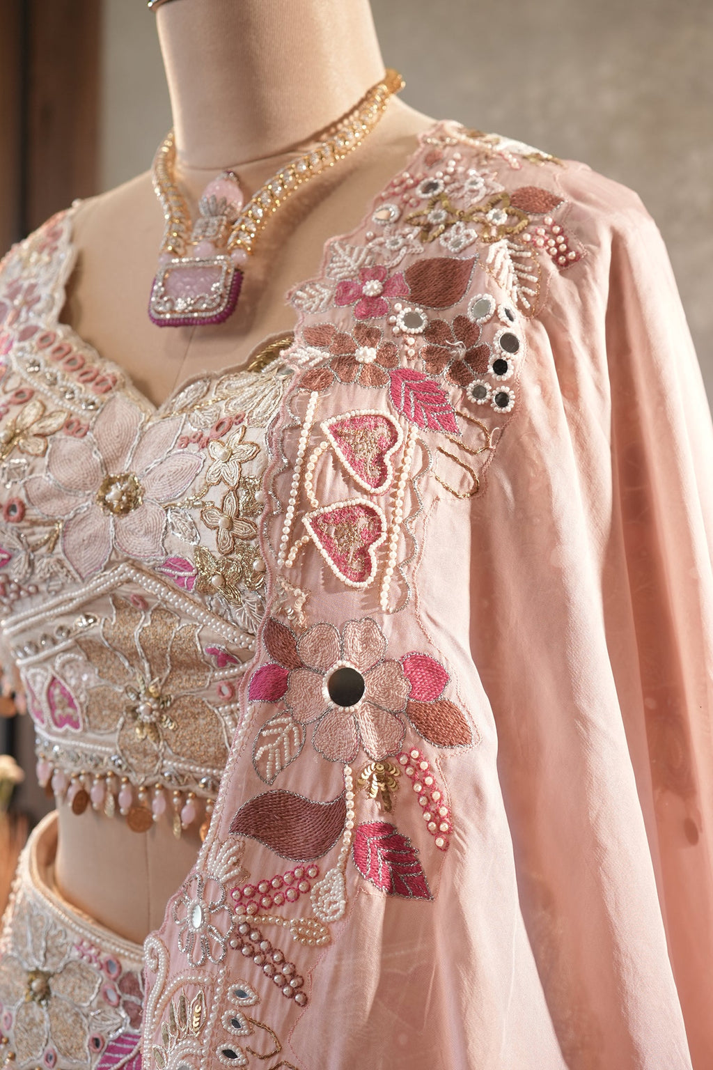 Cream Designer Floral Work Lehenga with Beaded and Mirror Work - cream saree