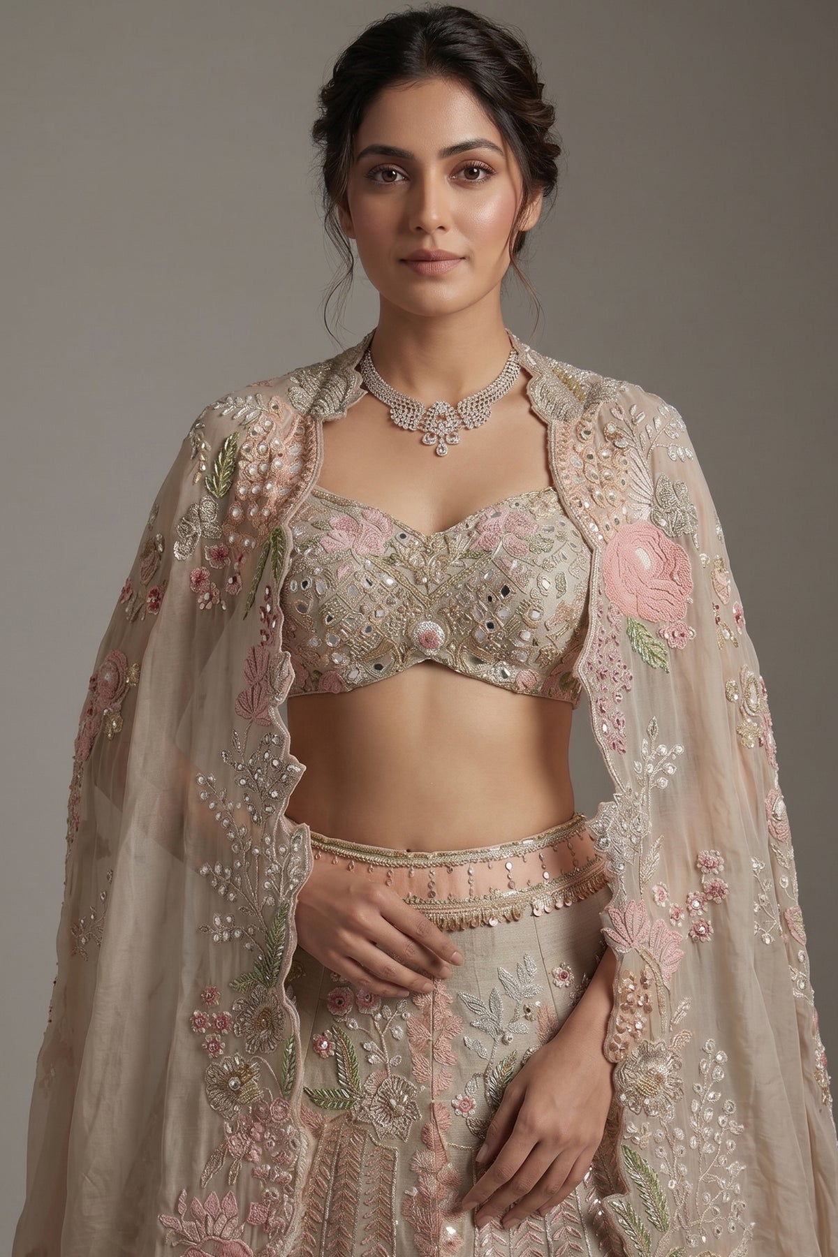 Grey Silk Designer Cutdana Beaded and Mirror Work Crop Top Lehenga with Jacket - grey silk saree