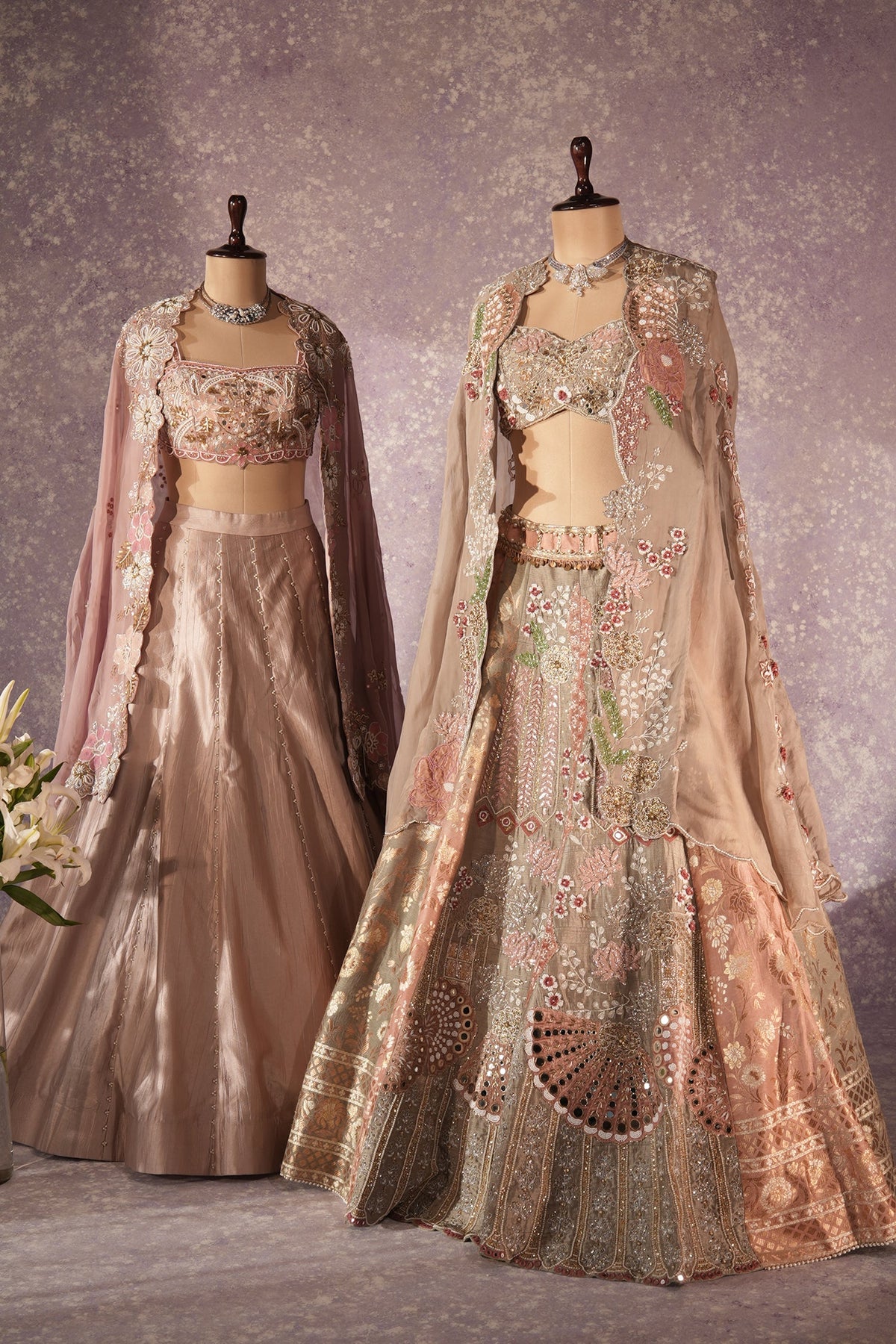 Mauve Silk Designer Sequin Beaded Crop Top Lehenga with Cape Jacket - silk saree