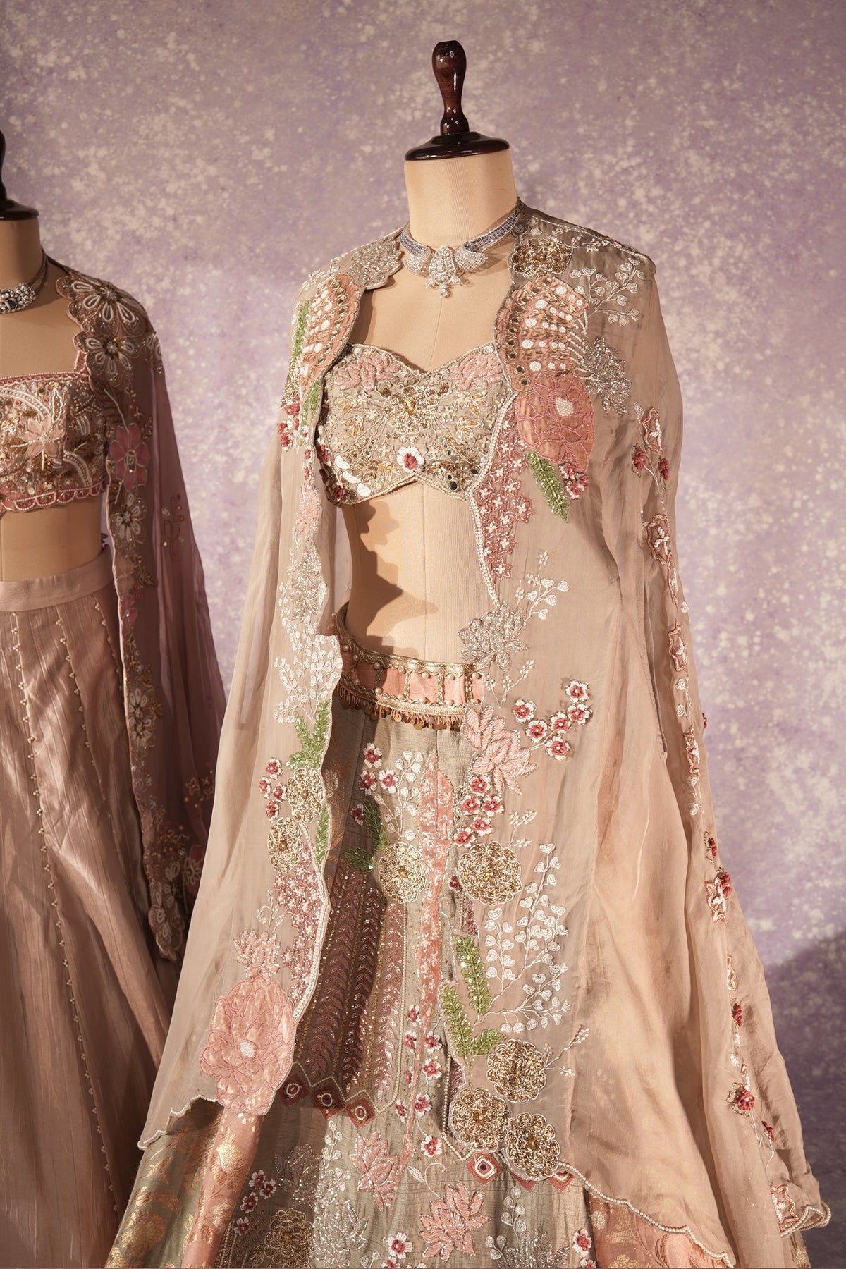 Grey Silk Designer Cutdana Beaded and Mirror Work Crop Top Lehenga with Jacket - grey silk saree
