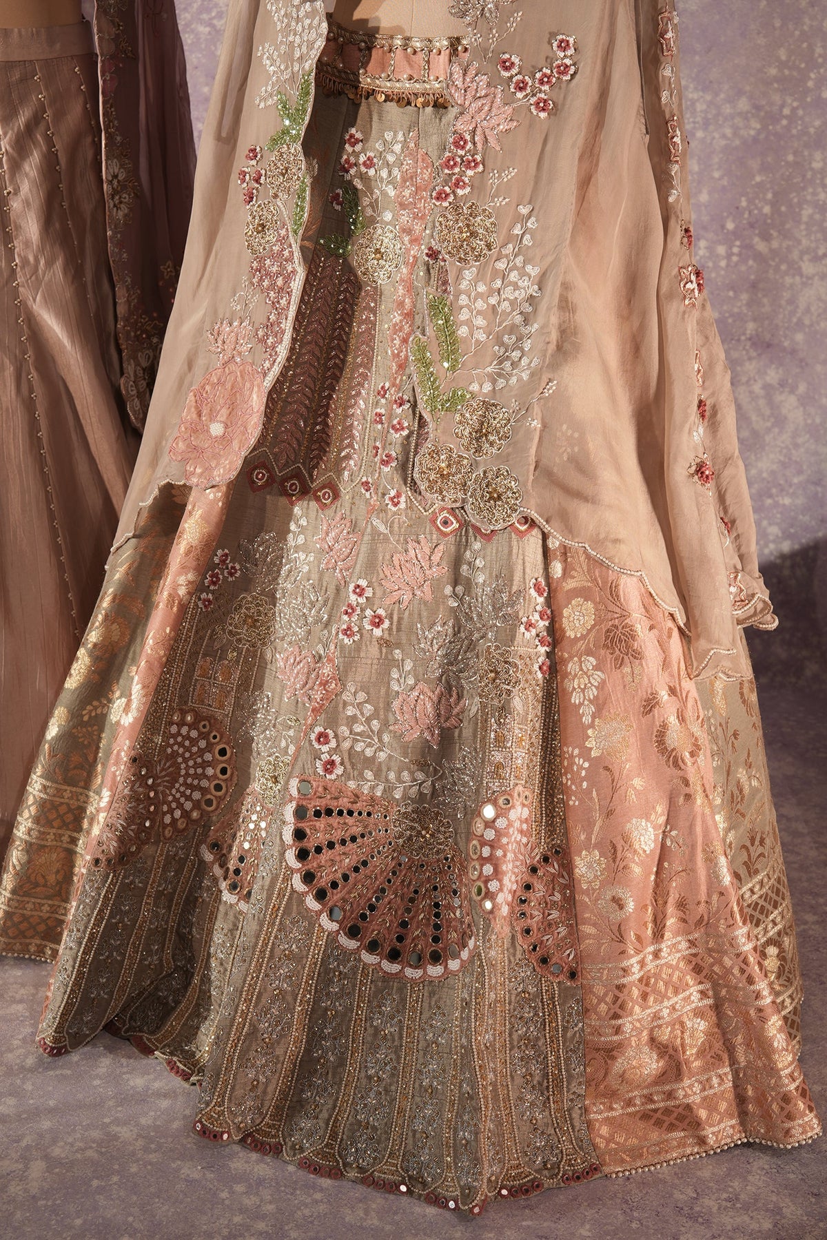Grey Silk Designer Cutdana Beaded and Mirror Work Crop Top Lehenga with Jacket - grey silk saree