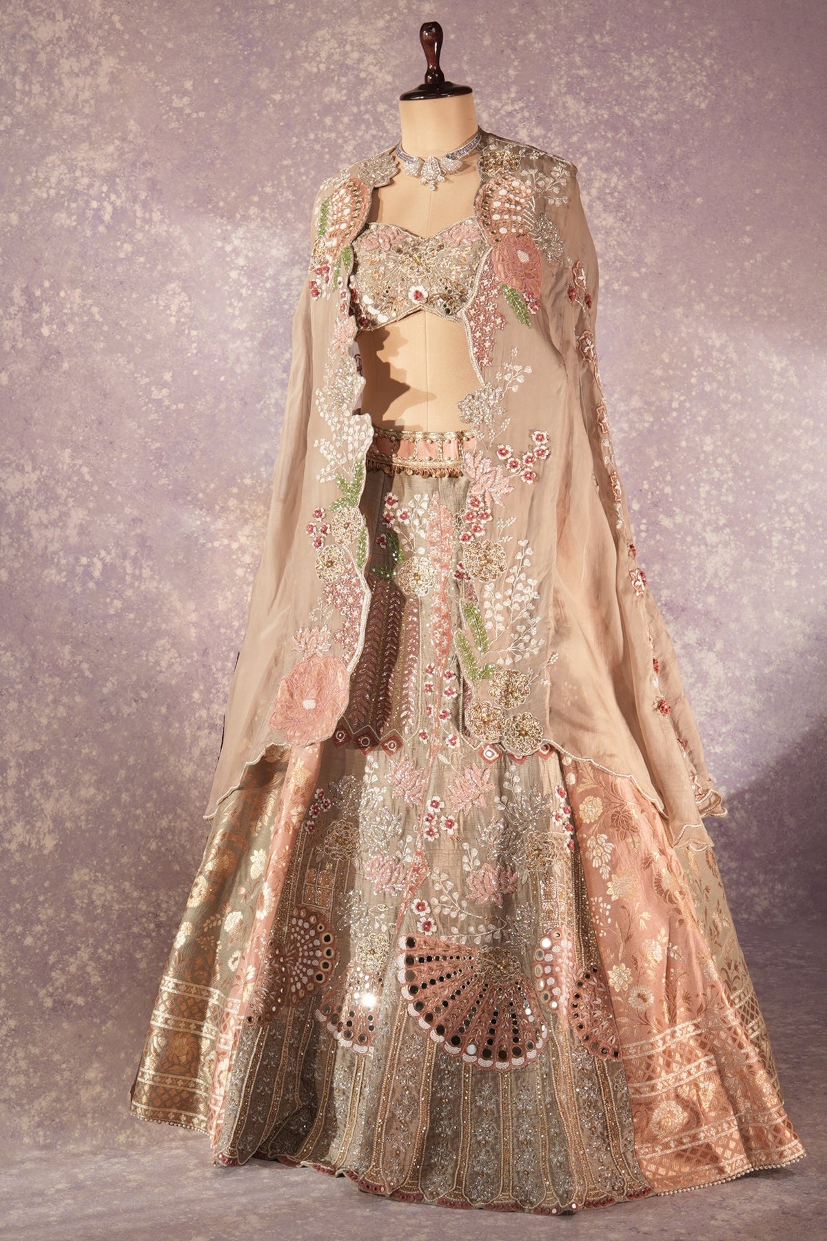 Grey Silk Designer Cutdana Beaded and Mirror Work Crop Top Lehenga with Jacket - grey silk saree