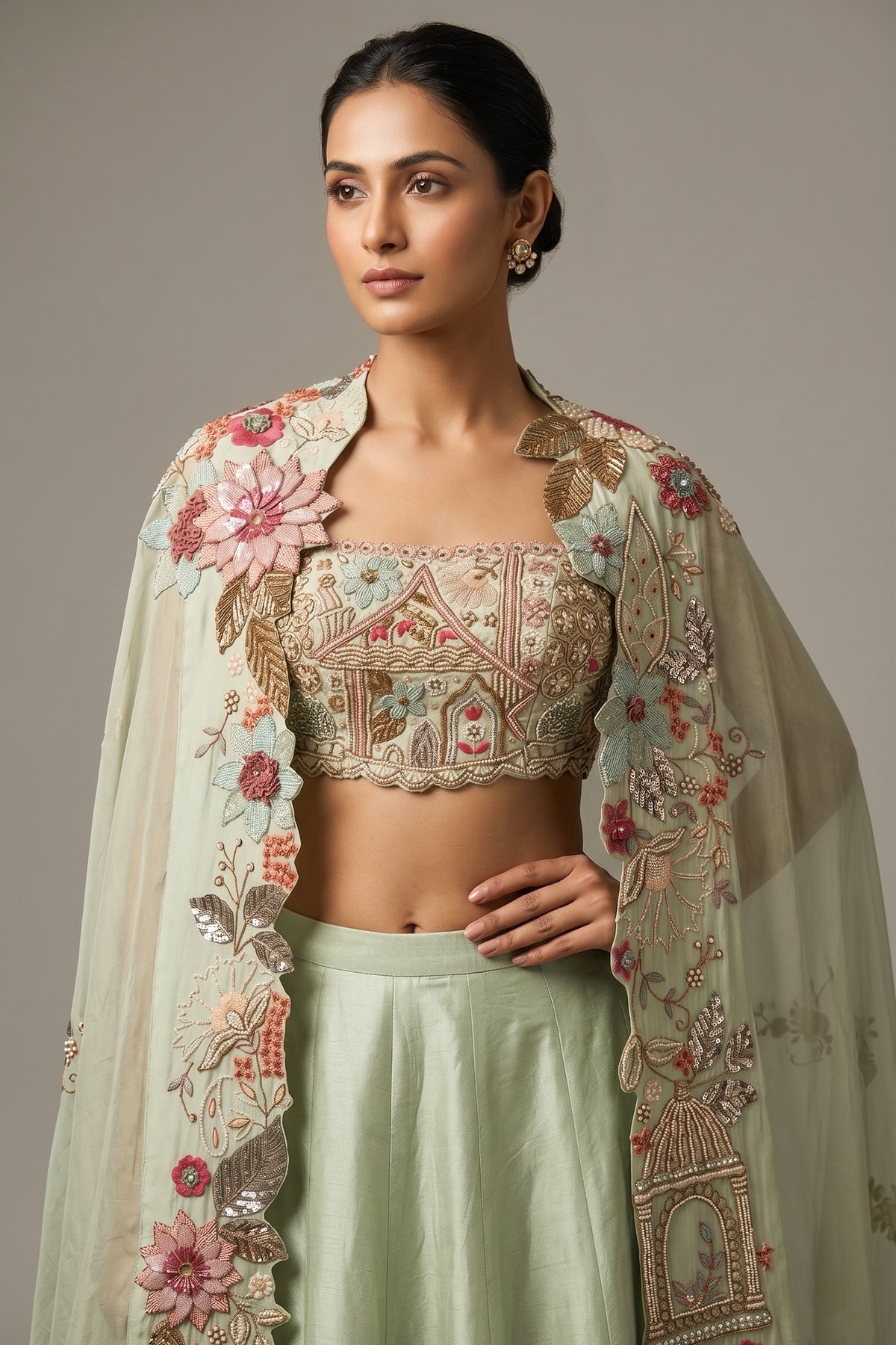 Pista Green Silk Woven Crop Top Lehenga with Handoworked Jacket - green silk saree