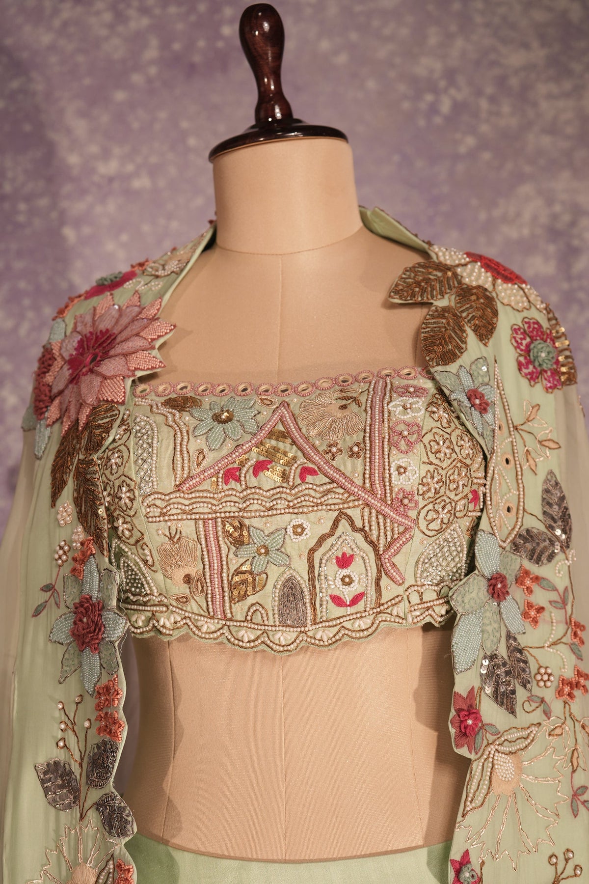 Pista Green Silk Woven Crop Top Lehenga with Handoworked Jacket - green silk saree