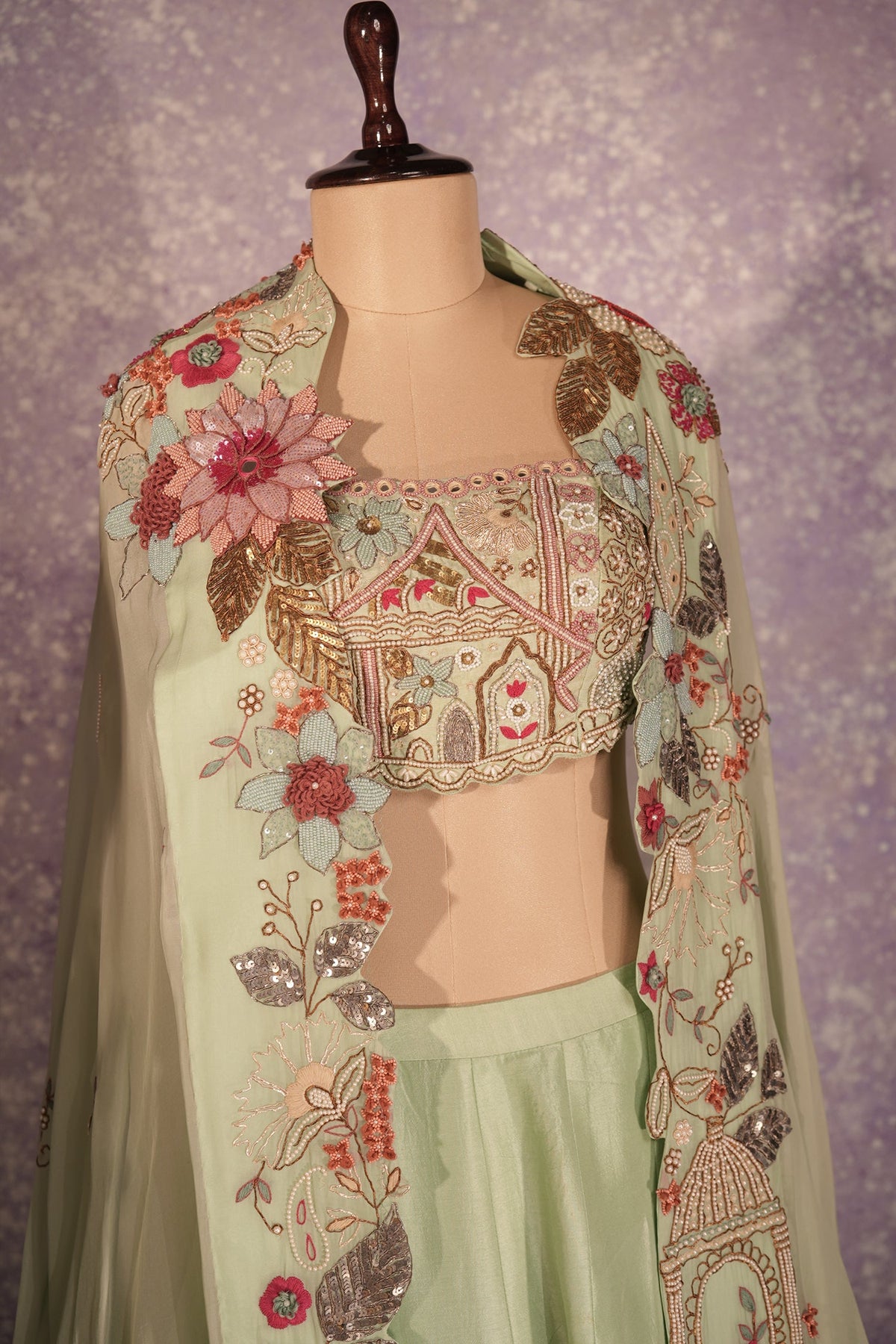 Pista Green Silk Woven Crop Top Lehenga with Handoworked Jacket - green silk saree