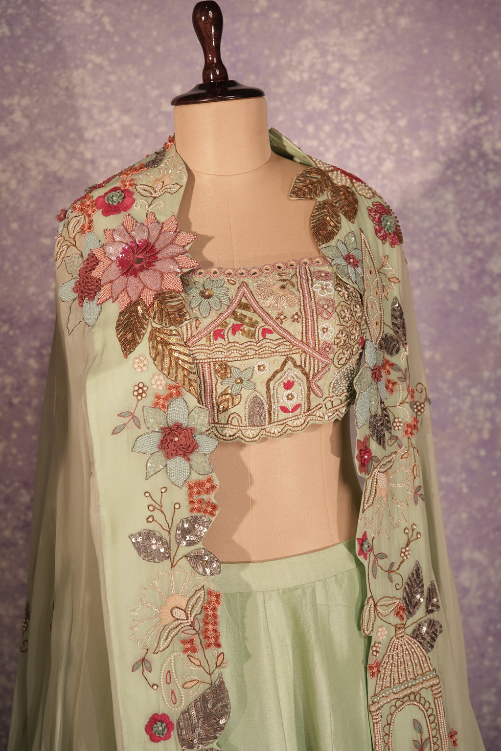 Pista Green Silk Woven Crop Top Lehenga with Handoworked Jacket - green silk saree