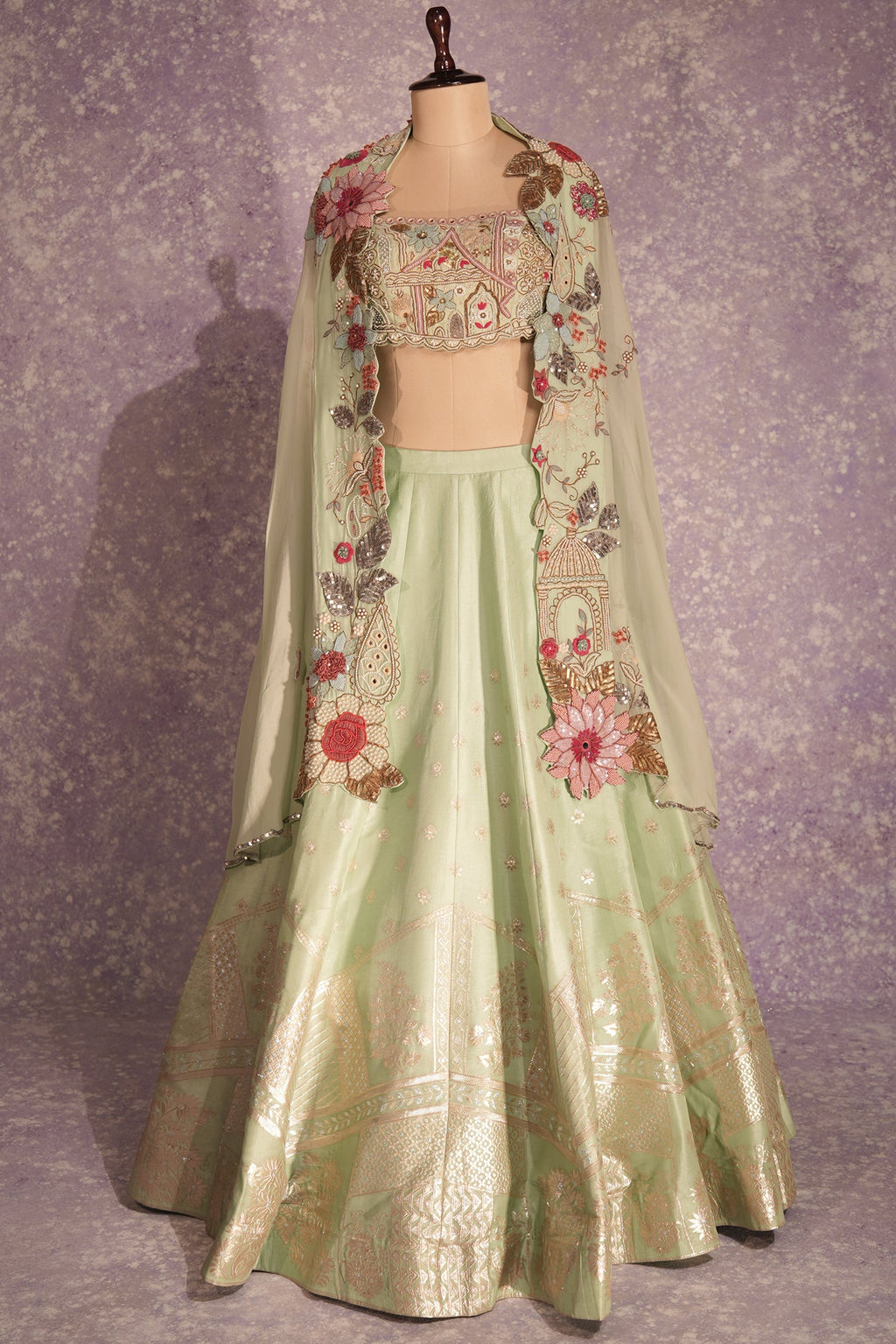 Pista Green Silk Woven Crop Top Lehenga with Handoworked Jacket - green silk saree