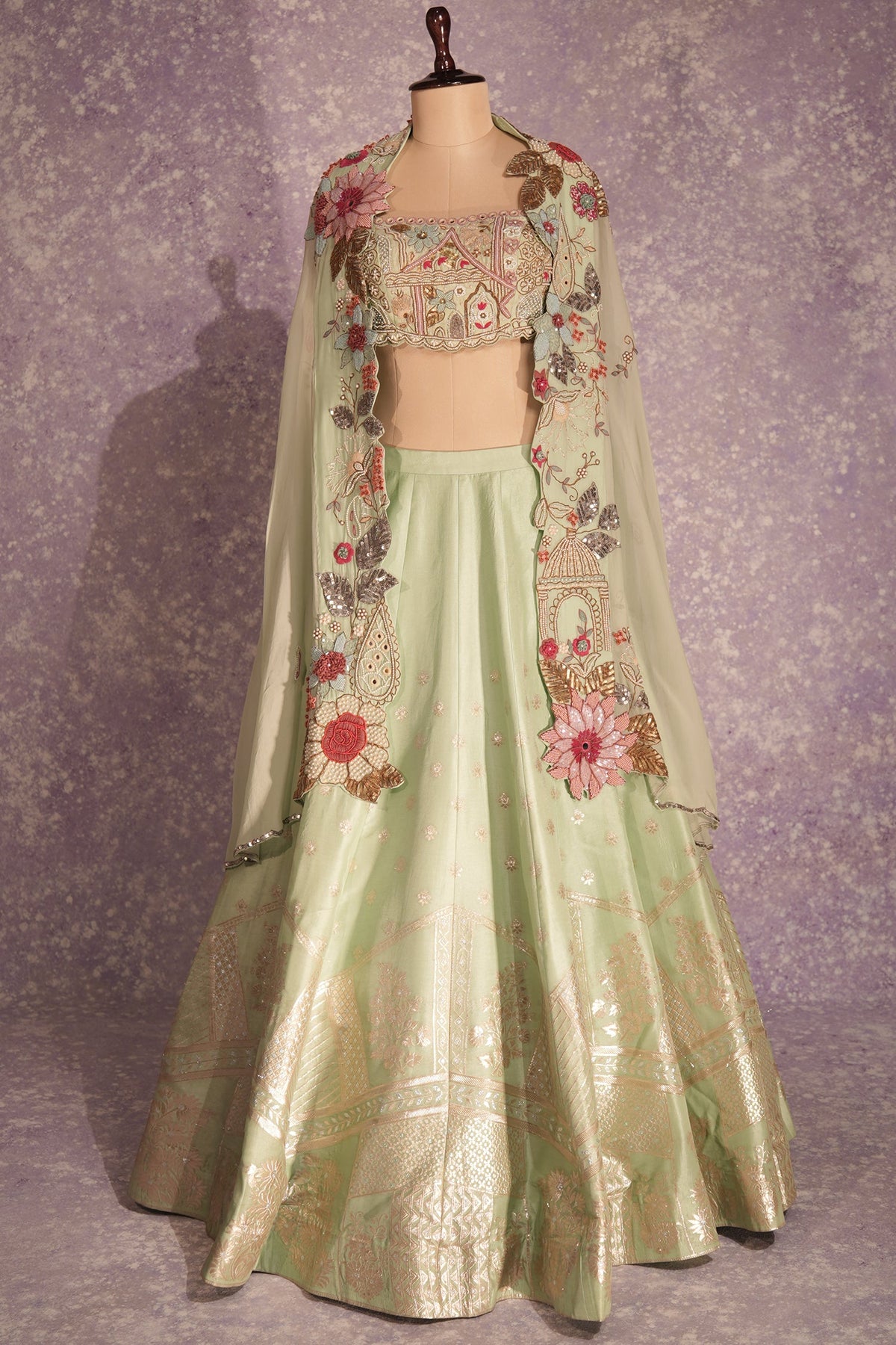 Pista Green Silk Woven Crop Top Lehenga with Handoworked Jacket