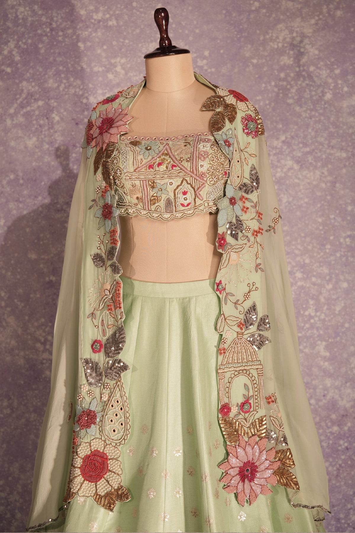Pista Green Silk Woven Crop Top Lehenga with Handoworked Jacket - green silk saree
