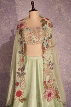 Pista Green Silk Woven Crop Top Lehenga with Handoworked Jacket - green silk saree