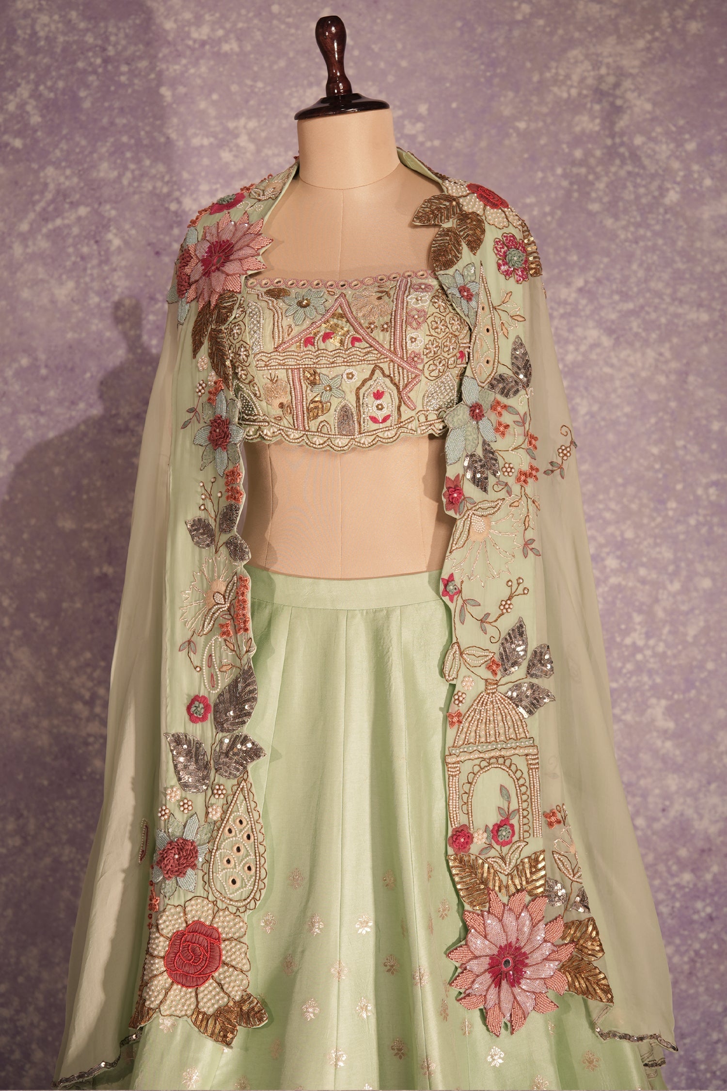 Pista Green Silk Woven Crop Top Lehenga with Handoworked Jacket - green silk saree