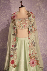 Pista Green Silk Woven Crop Top Lehenga with Handoworked Jacket