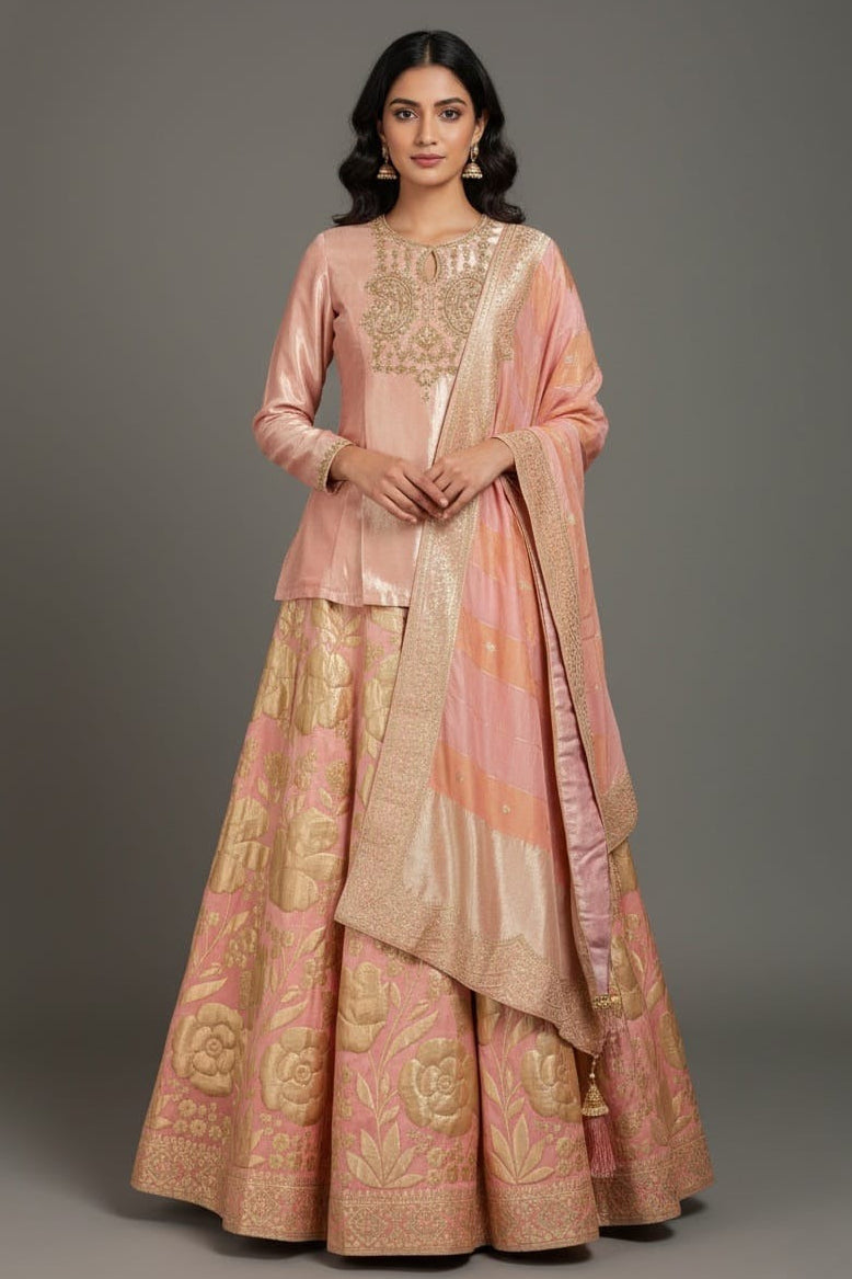 Light Pink Tissue Zardosi Worked Lehenga with Long Top - pink saree Main image