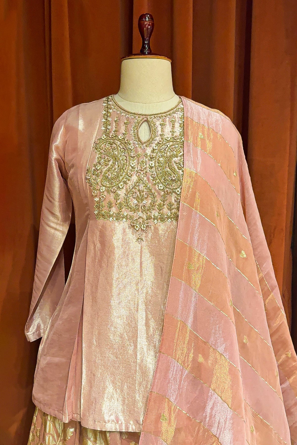 Light Pink Tissue Zardosi Worked Lehenga with Long Top - pink saree