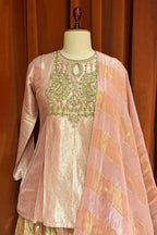 Light Pink Tissue Zardosi Worked Lehenga with Long Top - pink saree