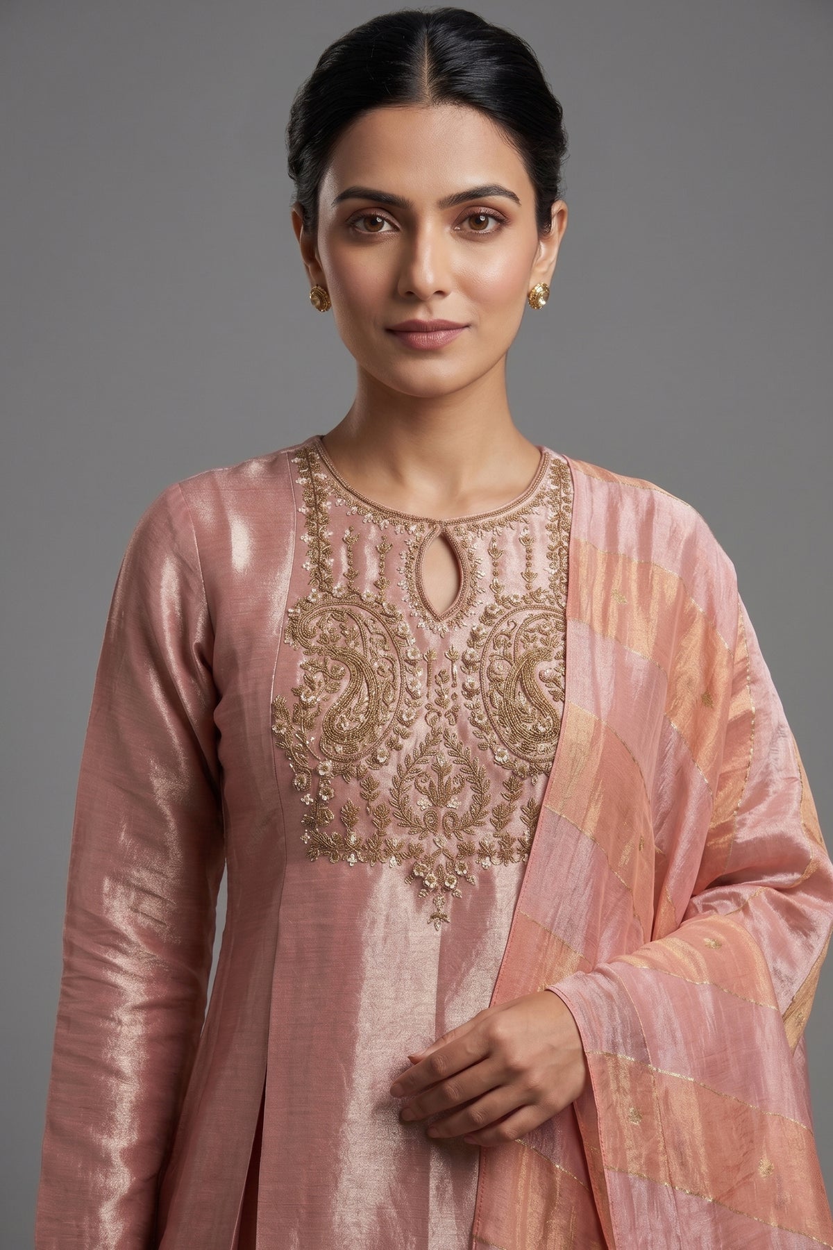 Light Pink Tissue Zardosi Worked Lehenga with Long Top - pink saree