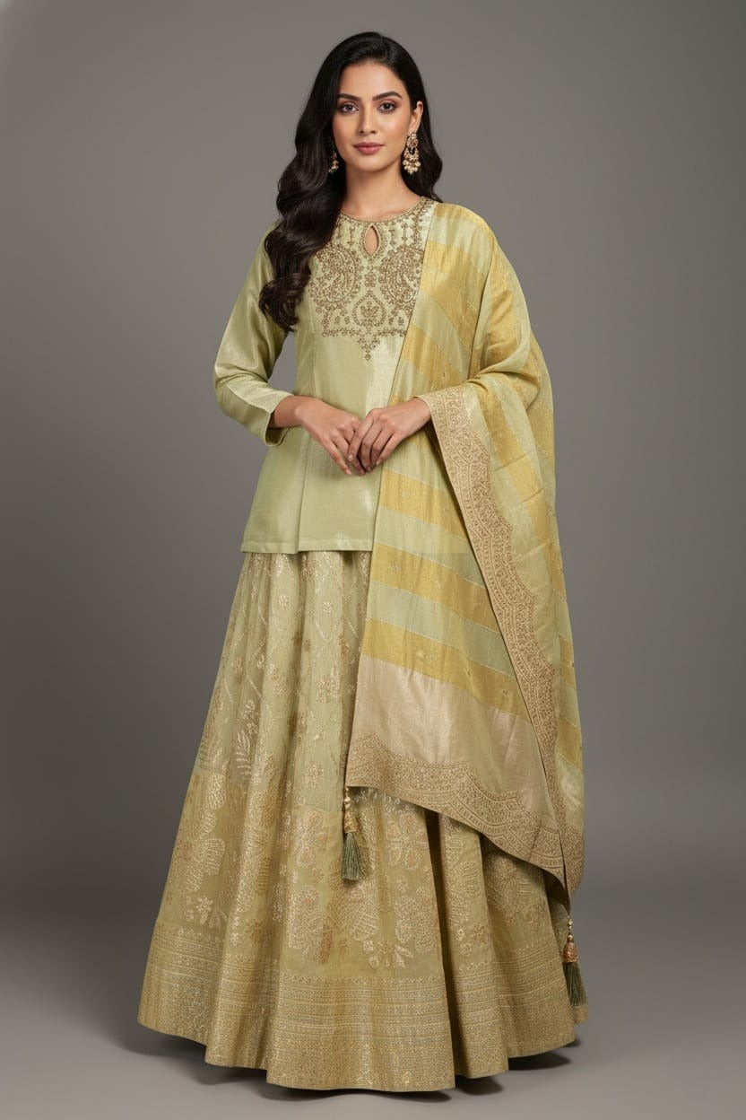 Light Pista Green Tissue Lehenga with Zardosi Worked Long Top - green saree Main image
