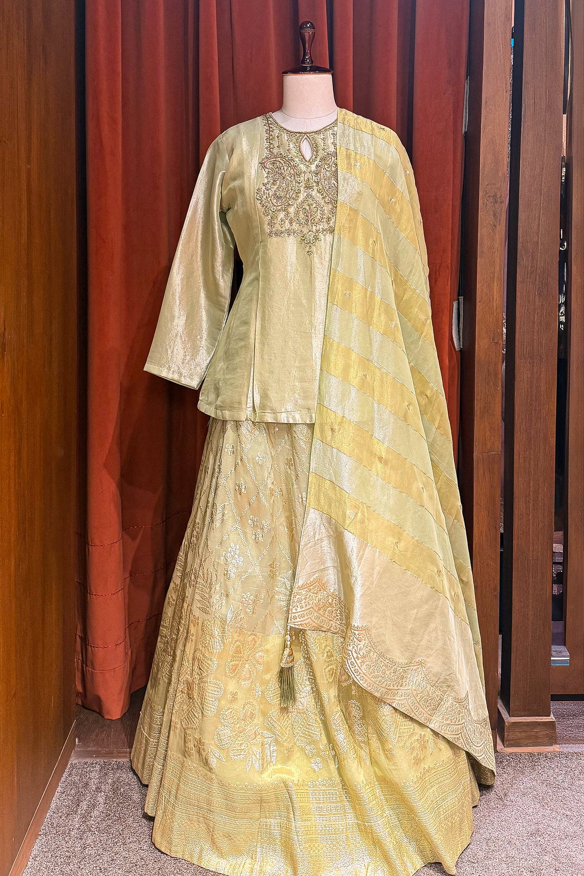 Light Pista Green Tissue Lehenga with Zardosi Worked Long Top - green saree
