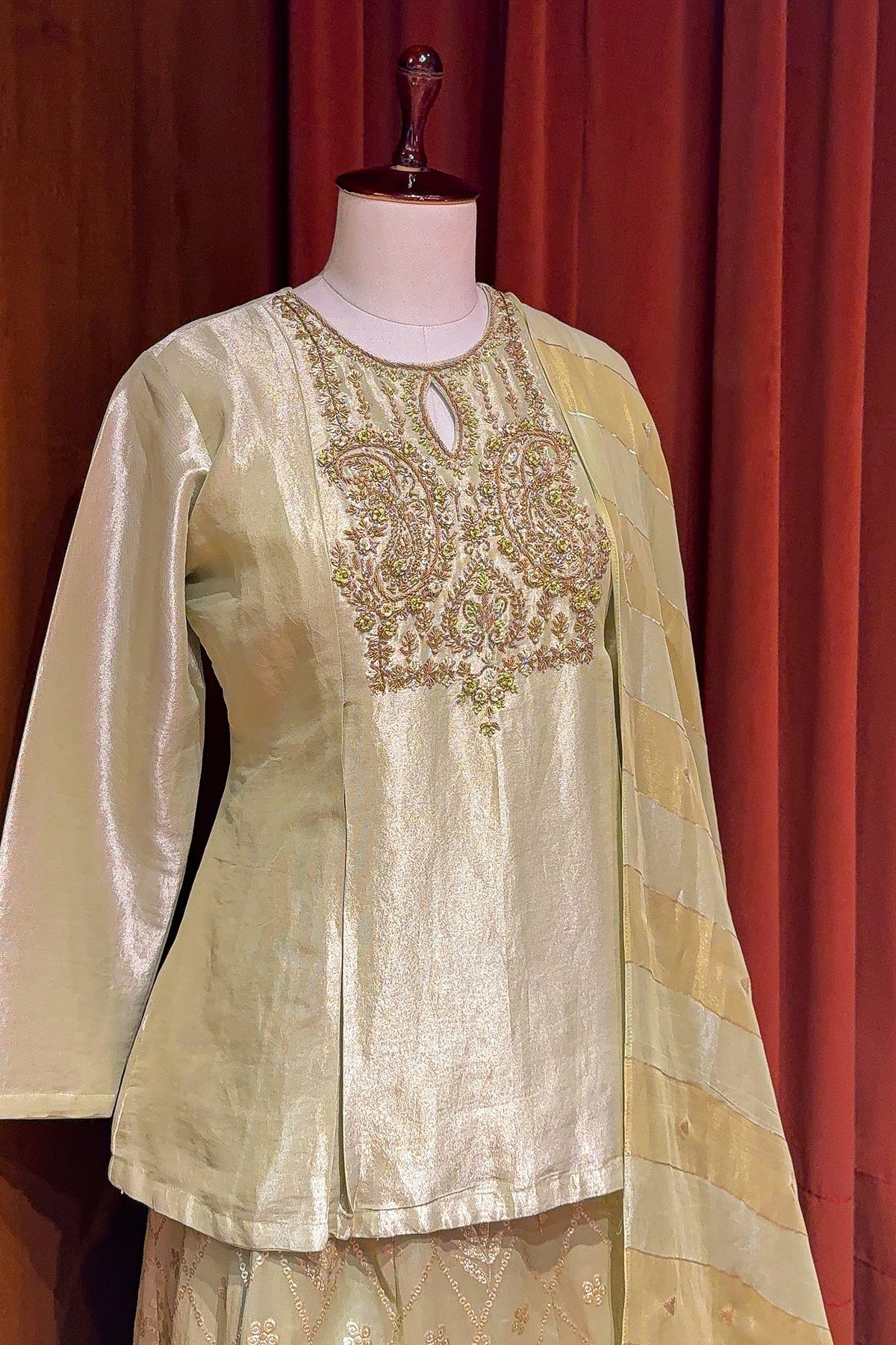 Light Pista Green Tissue Lehenga with Zardosi Worked Long Top - green saree