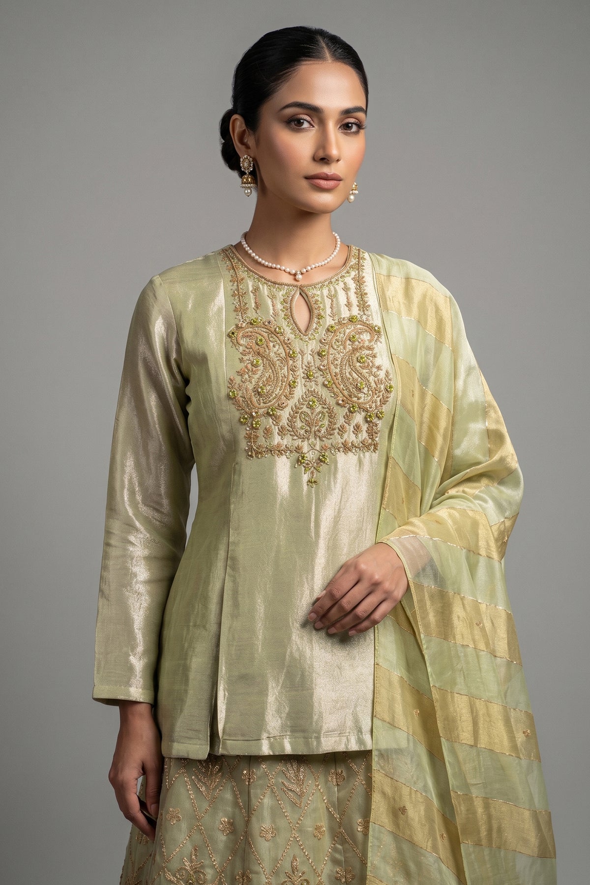 Light Pista Green Tissue Lehenga with Zardosi Worked Long Top - green saree