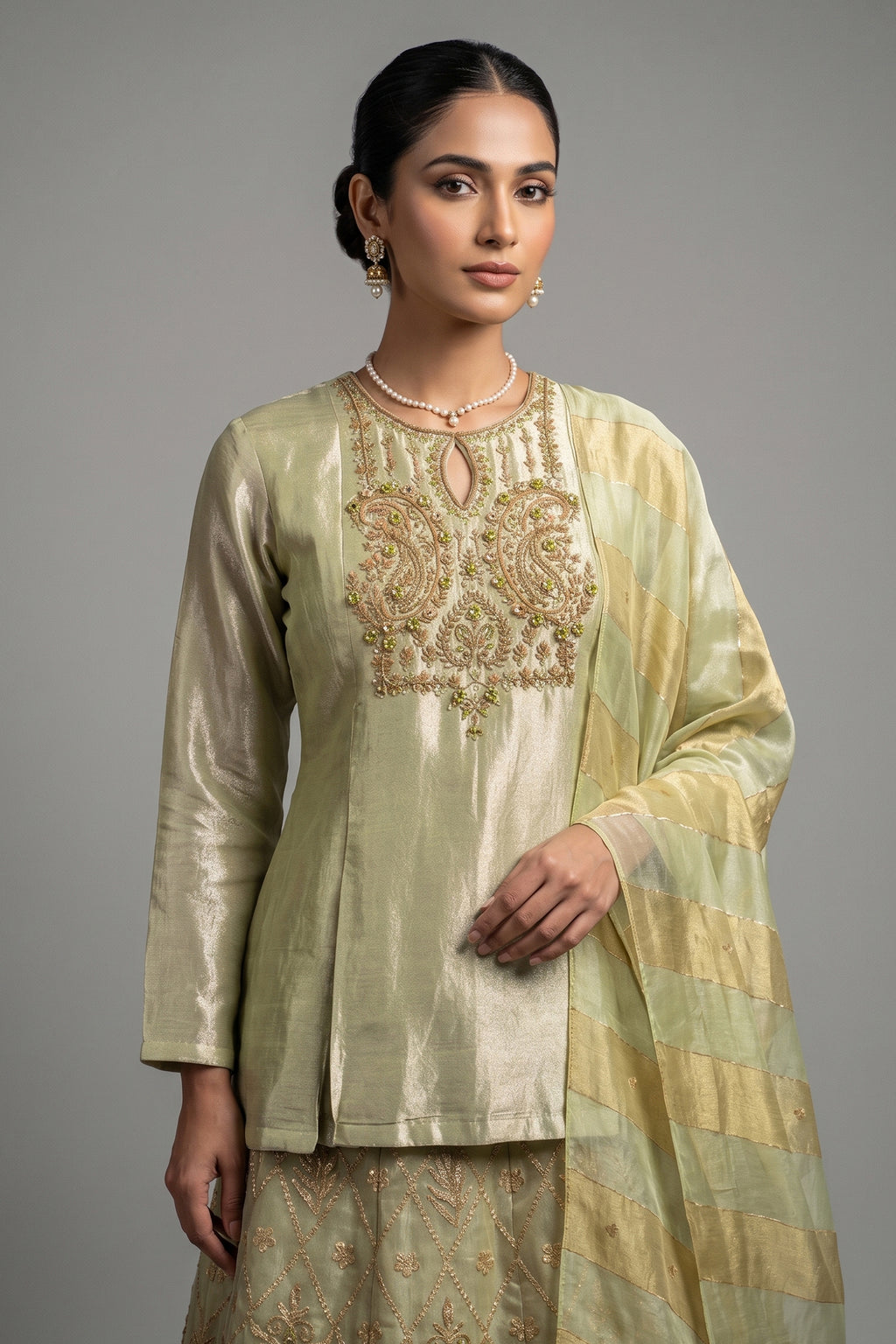 Light Pista Green Tissue Lehenga with Zardosi Worked Long Top - green saree